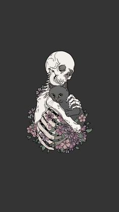 a skeleton holding a cat in its arms with flowers on the ground behind it,