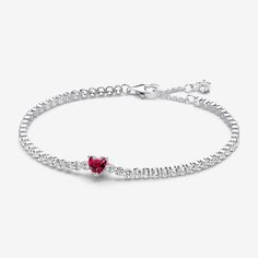 Go for timeless style with a pop of colour with the Red Sparkling Heart Tennis Bracelet. One heart-shaped red man-made crystal forms the center of this sterling silver tennis bracelet. Adjustable and dynamic, the rest of the bracelet features clear sparkling bead-set stones. One sparkling stone dangles from the end of the clasp. With its delicate heart motif, this Pandora heart tennis bracelet is a sweet gift for the one you love. - Pandora Red Sparkling Heart Tennis Bracelet - Sterling silver / Elegant Red Jewelry With Heart Charm, Classic Cubic Zirconia Bracelets For Valentine's Day, Classic Heart Cut Bracelets For Valentine's Day, Red Heart-shaped Cubic Zirconia Jewelry, Silver Tennis Bracelet As Valentine's Day Gift, Silver Tennis Bracelet Valentine's Day Gift, Elegant Heart-shaped Tennis Bracelet As Gift, Elegant Heart Shaped Tennis Bracelet Gift, Elegant Sterling Silver Bracelet For Valentine's Day