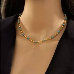 Brand New 18k Gold Plated Over Stainless Steel And Turquoise Simulation Beads Chain Necklace Size Of The Necklace: 15 Inch Ext. 1,5 Inch Lobster Clasp Beads Choker Necklace, Beads Choker, Beads Chain, Beaded Choker Necklace, Necklace Size, Beaded Choker, Necklace Sizes, Turquoise Beads, Beaded Chain