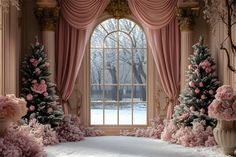 a room decorated with pink flowers and trees in front of a large window that looks out onto a snowy landscape