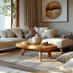 a living room with a couch, coffee table and painting on the wall behind it