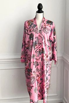 Boho Robe, Pink Floral Kimono, House Robe for Women, Beach Cover Up, Gift for Girl Friend, Birthday Gift, Anniversary Gift for Her - Etsy Bosnia and Herzegovina Printed Pink Sleepwear For Home, Pink Printed Sleepwear For Home, Pink Printed Sleepwear, Pink Cotton Nightgown For Lounging, Spring Long Robe For Home, Long Spring Robe For Home, Pink Floral Print Sleepwear For Lounging, Pink Printed Sleepwear With Relaxed Fit, Pink Printed Relaxed Fit Sleepwear