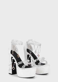 Sugar Thrillz Velvet Platform Beaded Heels - White Holy Revelation Platform Heels, Dolls Kill Shoes, Pretty Heels, Goth Shoes, Dr Shoes, Fashion Shoes Heels, Cute Shoes Heels, Sugar Thrillz, Fancy Shoes