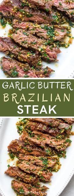 grilled steak on a white plate with green garnish and the words 4 ingredient brazilian steak