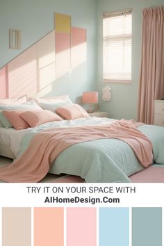 a bedroom with pink, blue and green colors on the walls is featured in this article