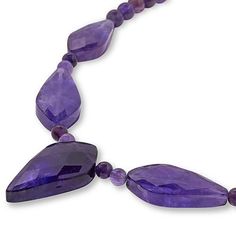 Jay King Gallery Collection Amethyst 18" Necklace  Beautiful Brazilian amethyst brings a pop of purple color to your neckline in this unique, handcrafted creation from Jay's exclusive Gallery Collection. Faceted freeform stations and polished round beads fit together perfectly to help this pretty piece make a bold, stylish statement anytime you wear it!       Approx. 18"L x 1/4"W with 2-3/4" extender     Drop approx. 1-7/16"L x 3/4"W     Stamped .925     Hook closure   Stone Information       Al Color Bands, Beading Wire, Purple Amethyst, Purple Color, Round Beads, Jay, Amethyst, Jewelry Design, Jewelry Necklaces