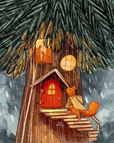 an illustration of a tree house with stairs and a squirrel on the roof in the rain