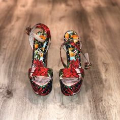 Brand New High Heel Wedge Sandals With Red Sole For Party, Red Floral Print Heels With Round Toe, Designer Wedge Heels With Red Sole, Red Wedge Heel Sandals For Evening, Designer Red Platform Sandals, Dolce Gabbana Shoes, Womens Wedges, Womens Shoes Wedges, Shoes Women