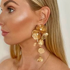 Nicholls Waterfall Flower Drop Earrings-Gold - Infinity Raine Cascading Flowers, Jewelry Photography Styling, Luxe Clothing, Expensive Jewelry Luxury, Flower Drop Earrings, Gold Statement Earrings, Life Of The Party, Expensive Jewelry, Christmas Parties