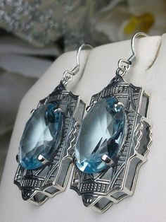 Sky Blue Aquamarine Earrings, oval gemstones, Silver Art Deco Filigree, Vintage Jewelry Victorian Oval Pierced Earrings, Elegant Oval Earrings With Intricate Design, Victorian Filigree Oval Earrings, Victorian Oval Filigree Earrings, Victorian Oval Earrings For Anniversary, Oval Art Deco Earrings For Formal Occasions, Art Deco Oval Earrings For Formal Occasions, Vintage Sterling Silver Earrings For Evening, Formal Oval Art Deco Earrings