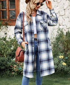 Women's Plaid Shacket INS Style Woolen Plaid Print Long Sleeve Jacket Long-Length Check Shacket Cold Weather Button-up Shacket With Pockets, Casual Single-breasted Winter Outerwear, Long Sleeve Outerwear With Buttoned Pockets For Winter, Casual Collar Winter Workwear Outerwear, Long Fall Workwear Outerwear, Long Fall Outerwear For Workwear, Trendy Long Outerwear With Pockets, Long Fall Outerwear For Work, Fall Single-breasted Long Sleeve Outerwear