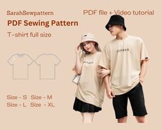 two people standing next to each other in front of a beige background with the text, free sewing pattern for t - shirt full size