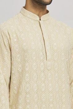 Beige cotton kurta with sequins and thread embroidery. Comes with churidar. - Aza Fashions Cotton Silk Kurta With Printed Motifs In Traditional Drape, Bollywood Style Festive Sherwani With Printed Motifs, Festive Chanderi Sherwani With Printed Motifs, Transitional Cotton Silk Kurta With Resham Embroidery, Festive Bollywood Sherwani With Printed Motifs, Cotton Silk Kurta With Printed Motifs For Eid, Bollywood Cotton Silk Kurta With Chikankari Embroidery, Bollywood Style Sherwani With Printed Motifs, Designer Cotton Silk Kurta With Chikankari Embroidery