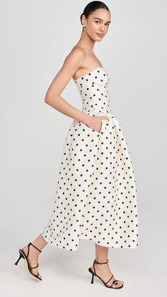 Self Portrait Cream Polka Dot Taffeta Midi Dress | Shopbop Self Portrait Polka Dot Dress, Black And White Polka Dot Dress Outfit Classy, Sleeveless Lined Nylon Dress, Sleeveless Nylon Dress With Lining, Stripes And Polka Dots Outfits, Black And White Polka Dot Dress, Dots Dress Outfit, White Polka Dot Dress Outfit, Polka Dot Tulle Skirt