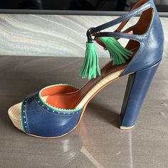 Absolutely Stunning. Double Strap Around Ankle With Removable Tassel. Blue Leather With Teal Green Accents. Excellent Preowned Condition. Sign In Wear On Soles. 5” Heel. Missoni Size 40 Designer Blue Sandals For Spring, Blue Ankle Strap Heels With Contrasting Heel, Gorgeous Shoes, Green Accents, Sky High, Teal Green, Missoni, Blue Leather, Shoes Women Heels