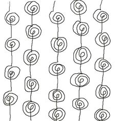 a line drawing of spirals hanging from strings