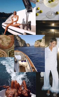 there is a collage of pictures with women in white outfits on a boat and one woman sitting at the bow of a boat