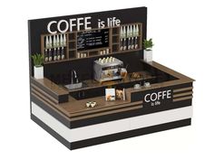 the coffee is life stand has an open counter and two shelves with drinks on it