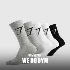 EASY WEAR; EASY PERFORMANCE. The Gymshark Crew Socks provide comfort, cushioning and contouring with a mix of reinforced stretch and ribbing and a flattering fit to the calf. You can be sure youÕll step with support and step with style, from treadmill to sidewalk. Ê - 5 pairs per pack- High crew sock fit- Rib from mid-foot to calf- Birds eye stretch material to foot- Terry Knit to heel and toe for cushioning- Cuffed rib- Jacquard sharkhead logos to side- 69% Cotton, 28% Nylon, 3% Elastane- SKU:… Crew Sock, Birds Eye, Black Light, Treadmill, Easy Wear, Crew Socks, Sale Items, Light Grey, White Black