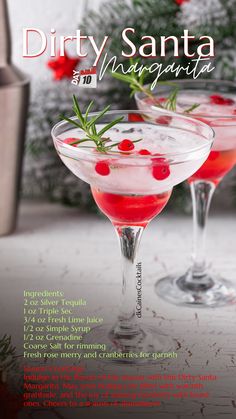 dirty santa margarita recipe in martini glasses with rosemary garnish