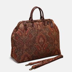 Damask D. Brown Men's Carpetbag Carpetbag of America Luxury Bag For Daily Use, Designer Satchel With Handles For Travel, Designer Travel Satchel With Handles, Designer Satchel For Travel, Designer Travel Satchel, Luxury Tote Duffle Bag For Shopping, Luxury Shopping Duffle Shoulder Bag, Luxury Satchel Tote For On-the-go, Luxury Duffle Bag For Shopping