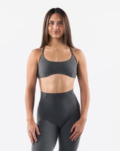 Aura Strappy Bra - Pewter Gray Sports Bra With Built-in Bra For Pilates, Gray Activewear With Built-in Bra And High Stretch, Gray Compression Activewear With Built-in Bra, Lightweight Compression Activewear For Workout, Compressive Lightweight Solid Activewear, Gray Supportive Sports Bra, Squat Proof Sports Bra For Pilates, Lightweight Sporty Activewear For Yoga, Sporty Lightweight Activewear For Yoga