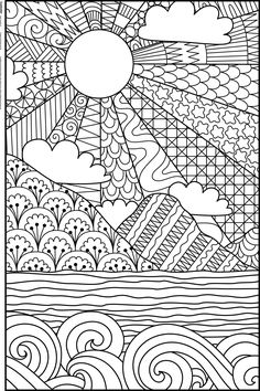 a black and white coloring book page with waves, sun and clouds in the sky