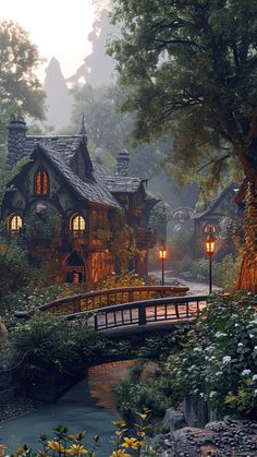 a house in the middle of a forest with trees and flowers around it, lit up by lanterns