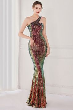 Zapaka Women Evening Dress Colorful One Shoulder Sequined Mermaid Formal Dress – ZAPAKA Glamorous One Shoulder Mermaid Prom Dress, Elegant One Shoulder Mermaid Dress With Sweep Train, One Shoulder Mermaid Dress For Prom, Elegant Mermaid Dress For Prom Season, Glamorous One Shoulder Fitted Mermaid Dress, Gala Evening Mermaid Dress With Sweep Train, One Shoulder Fitted Bodice Mermaid Dress For Party, One Shoulder Mermaid Dress For Party With Fitted Bodice, Mermaid Hem Bridesmaid Dress For Prom