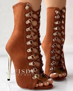 Fisdy - Elegantes sandalias abotinadas con cordones y tacón de aguja Summer Boots, Boots Patterns, Womens Chunky Heels, Womens Stilettos, Bootie Sandals, Estilo Chic, Chunky Heels Sandals, Platform Ankle Boots, Lace Up Ankle Boots