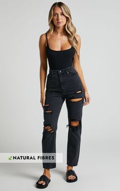 Billie Jeans - High Waisted Cotton Distressed Mom Denim Jeans in Black Wash | Showpo USA Black Ripped Mid-rise Jeans, Chic Ripped Jeans For Streetwear, Spring Black Ripped Jeans, Grunge High-rise Black Jeans, Black High Rise Grunge Jeans, High Rise Black Distressed Jeans, Edgy High Rise Denim Jeans, Edgy Dark Wash Jeans For Night Out, Edgy High Rise Jeans For Fall