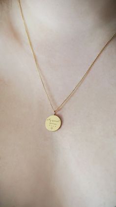 14mm 14K 9K Handwriting Charm Necklace, Personalized Handwritten Pendant, Engraved Disc Necklace, Custom Handwriting Jewelry, Solid gold layering necklace, BFF Gift, Gift for her, FREE EXPRESS SHIPPING Dainty solid gold disc charm necklace engraved with YOUR handwritten message. A personal and beautiful gift for every occasion! ------------------------------------------- D E T A I L S 14K Solid Gold or 9K Solid Gold Disc diameter: 14mm Personalized Handwriting - Both sides can be engraved - Plea Personalized Meaningful Gold Necklaces, Personalized Yellow Gold Meaningful Jewelry, Meaningful Gold Necklace For Anniversary, Meaningful Gold Heart Pendant Jewelry, Meaningful Gold Pendant Necklace, Gold Jewelry With Hallmark, Gold Nameplate Necklace With Engraving Option, Gold Sterling Silver Charm Necklaces With Engraving Option, Dainty Engraved Jewelry For Memorial