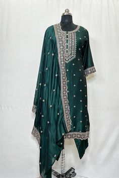 Green Embroidered Silk Kurta with Palazzo & Dupatta Indian Summer Wear For Women/ Indian Wedding Wear / Indian Plus Size Dress For Women / Customisation Available The set contains : 1 Straight Kurta 1 Palazzos 1 Dupatta Kurta: The Green embroidered kurta comes with a round neck . The kurta measures till the calf length and comes with a straight hem. It also comes with zari detail.  Sleeve Length : 3/4 Sleeves Trousers :  Solid trousers has partially elasticated waistband with slip on closure.   1 Dupatta: Comes with a dupatta.  Material : Kurta : Silk Blend Palazzo : Silk Blend Dupatta : Silk Blend Fabric Care : Hand wash Please see the size information below to choose a perfect size for yourself :  ( size in inches)  XS : BUST 34 | WAIST 30 |  S : BUST 36 | WAIST 32 |  M : BUST 38 | WAIST Summer Wear For Women, Indian Party, Indian Wedding Wear, Silk Kurta, Straight Kurta, Festive Wear, Indian Summer, Embroidered Silk, Wedding Wear