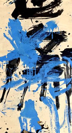 an abstract painting with blue and black colors