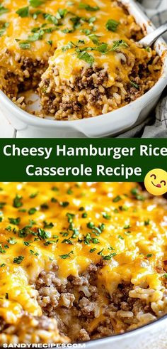 cheesy hamburger rice casserole recipe in a white dish