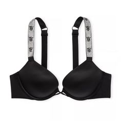 New With Tags And Still Has Its Original Packaging! Go For The Bold: This Maximum-Lift Push-Up Bra Showcases Our New Monogram Shine Straps, Plus A Peekaboo Crisscross Detail At The Front. - Lift & Lining - Maximum Lift (Adds Up To 2 Cup Sizes) - Underwire - Straps & Hooks - Adjustable Straps - Back Hook-And-Eye Closures Details & Fabric - Rhinestone Monogram Logo Shine Straps - Partially Made From Recycled Materials - Hand Wash - Imported Fitted Silver Bra, Bedazzled Bra, Bra Outfit, Rhinestone Bra, Sleep Bra, Vs Bras, Victoria Secret Bras, Bra Straps, Monogram Logo