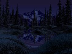 a night scene with mountains and trees reflected in the water