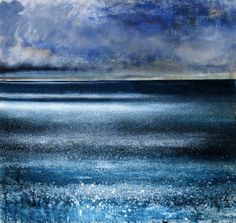 an abstract painting with blue and white colors on the water, overcast skies above