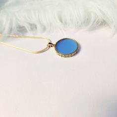 "Chalcedony pendant necklace gold,round,blue,flat pendant,gift for her,women jewelry,aqua,gemstone,unique,simple,18k gold,vintage style  necklace size:18\" pendant diameter:25mm Thickness:3mm Add this beautiful chalcedony ocean blue pendant gold  necklace. This pendant is inspired by vintage jewellery. Sets well around the neck and looks amazing." Yellow Gold Metal Charm Necklace With Round Pendant, Yellow Gold Round Pendant Charm Necklace, Gold Plated Circle Necklace With Adjustable Chain, Handmade Round Jewelry, Gold Plated Circle Jewelry Gift, Gold Plated Circle Jewelry For Gifts, Gold Oval Pendant Jewelry Gift For Her, Gold Plated Circular Jewelry Gift, Gold Jewelry With Delicate Round Chain