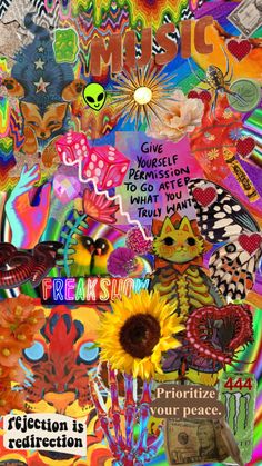 a collage of colorful images with words and pictures on the bottom right hand corner