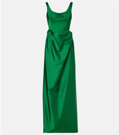 Nova Camille satin corset gown in green - Vivienne Westwood | Mytheresa Fitted Taffeta Maxi Dress For Party, Green Satin Finish Fitted Evening Dress, Green Fitted Satin Evening Dress, Floor-length Fitted Gown With Satin Lining, Fitted Floor-length Gown With Satin Lining, Green Satin Gown With Pleated Bodice, Fitted Evening Gown With Satin Lining, Backless Satin Gown With Ruched Bodice, Satin Evening Gown With Corset Back