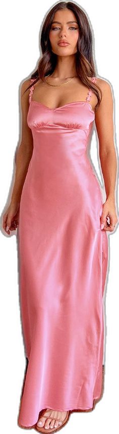 Pink Bias Cut Midi Dress, Pink Bias Cut Maxi Length Dress, Pink Floor-length Satin Dress For Party, Pink Bias Cut Maxi Dress, Spring Satin Finish Maxi Dress For Night Out, Pink Floor-length Satin Dress, Pink Midi-length Prom Slip Dress, Long Summer Dress With Satin Finish, Formal Pink Satin Slip Dress