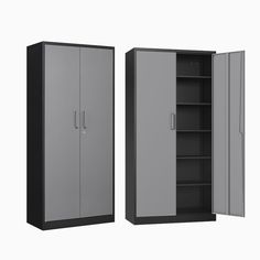 two metal storage cabinets side by side, one is open and the other has closed doors