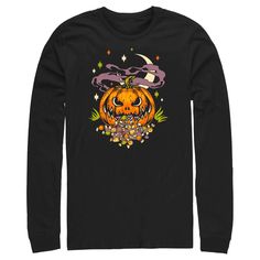 Who says you have to dress up for Halloween? Have a little fun with these ghostly new styles for the whole family from Lost Gods! This Men's Lost Gods Halloween Jack-O'-Lantern Candy Graphic Long-Sleeve T-Shirt features an evil-looking jack-o'-lantern pumpkin smiling across the front along with trick-or-treat candy and a half-crescent moon in the background. Celebrate in style this year with these new Halloween designs that are so cute it's scary! Halloween Men, Halloween Jack O Lanterns, Halloween Jack, Graphic Tee Design, Jack O, Mens Graphic Tee, Black Media, Tee Design, Jack O Lantern