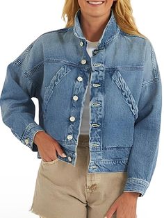 Casual look denim jacket. European design. Buttons down front closure. Pockets on front. 65% Cotton and 35% polyester blend fabric. Frayed hem. Color may be lighter or darker depending of the device it is displayed. Trendy Winter Denim Jacket With Patch Pockets, Oversized Light Wash Outerwear With Patch Pockets, Medium Wash Cotton Button-up Outerwear, Cotton Button-up Outerwear In Medium Wash, Relaxed Fit Light Wash Outerwear With Patch Pockets, Oversized Denim Outerwear With Button Closure, Relaxed Fit Denim Button-up Outerwear, Trendy Denim Blue Outerwear With Patch Pockets, Medium Wash Outerwear With Snap Buttons And Relaxed Fit