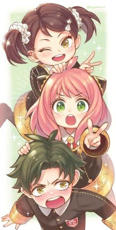 three anime characters with green eyes and pink hair, one is pointing at the camera