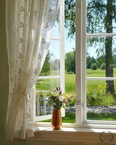 a vase with flowers sitting on a window sill in front of a grassy field