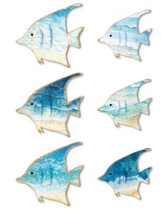 six blue and white fish are shown in the shape of an ocean scene with waves