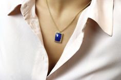 "A lovely blue pendant necklace that packs a punch of elegance and sophistication. This fashion necklace flaunts a Lapis Lazuli stone. Adorable statement jewelry and treat for yourself or for a special woman in your life. ♥ Gemstone Type - Lapis Lazuli ♥ Gemstone Size - 13x18mm ♥ Gemstone Cut - Rectangle - More options available in the drop down menu ♥ Metal Type (Main Photo) - 14k Gold Filled - More options available in the drop down menu ♥ Length (Model Photo) - 45cm/18\" - Available from 14\" Blue Jeweled Necklaces As Gifts, Blue Stone Necklace For Formal Occasions, Formal Blue Necklace With Stones, Blue Gemstone Necklace For Party, Formal Blue Necklaces With Stones, Formal Blue Stone Necklace, Elegant Blue Necklace With Jewels, Blue Pendant Necklace With Stones, Sapphire Stone Necklaces As Gifts