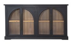 a black cabinet with wooden doors and shelves